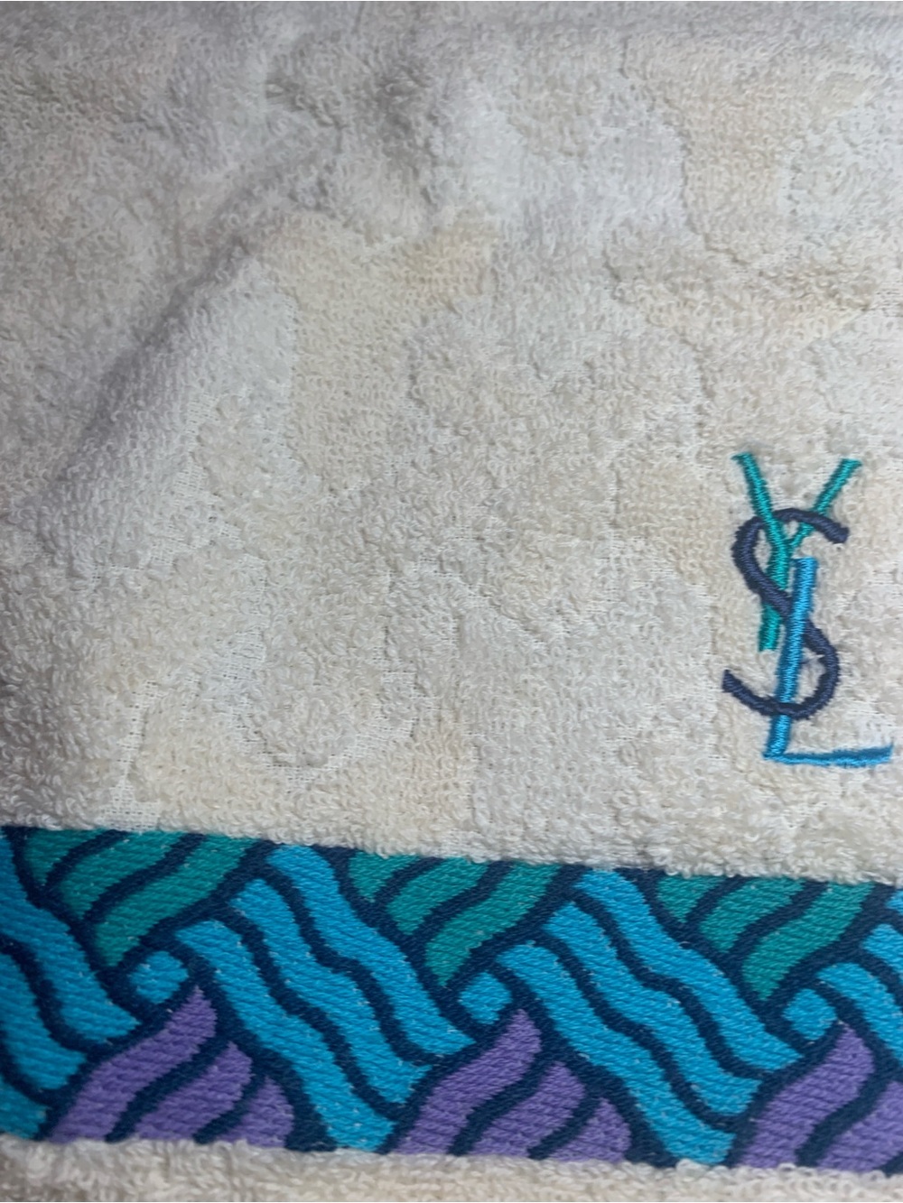 Yves Saint Laurent Cream Towel with Teal and Purple Accent